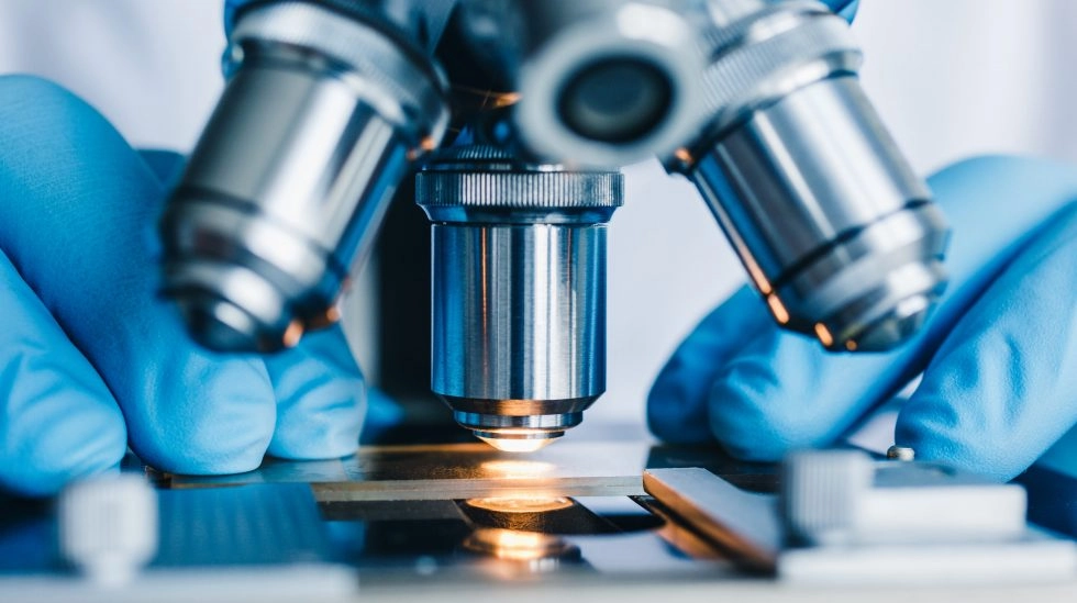Light microscope examining a laboratory sample